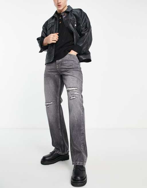 Topman - Jeans larghi con strappi e rammendi nero slavato