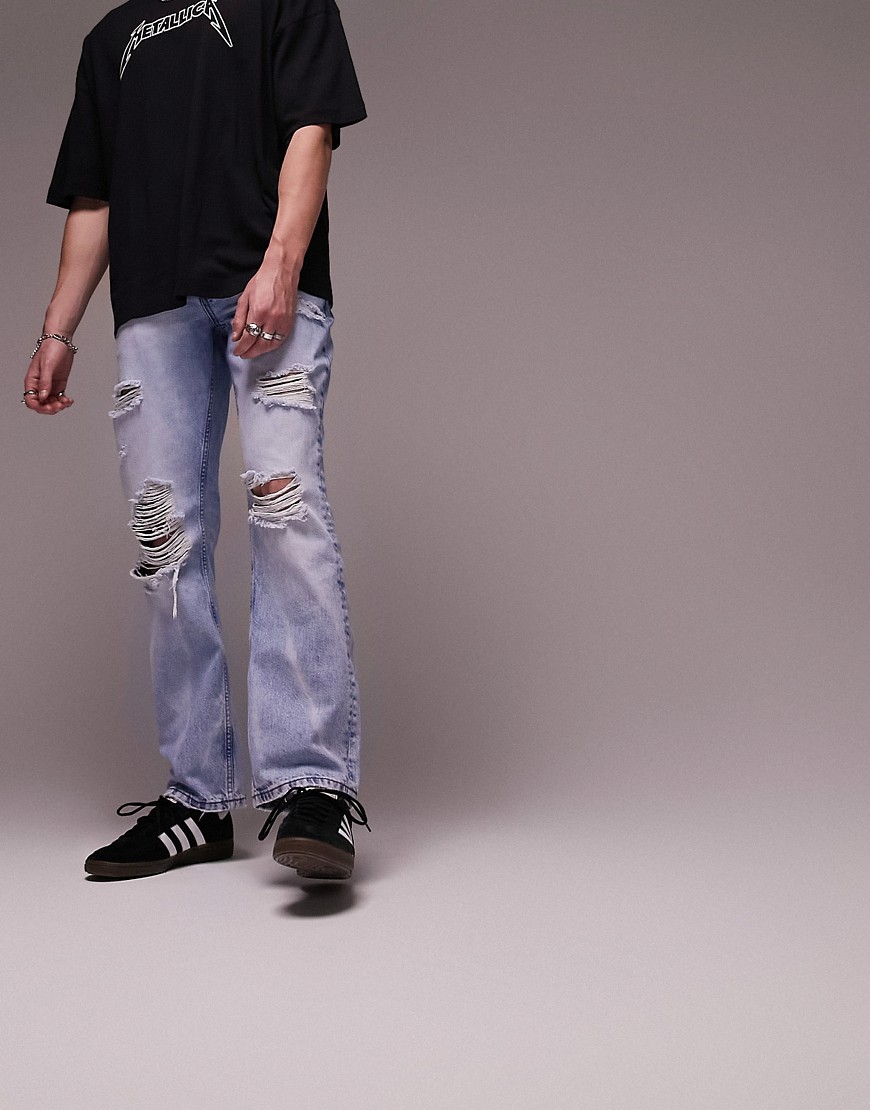 topman - jeans med avslappnad passform, revor och ljus tvätt-blå