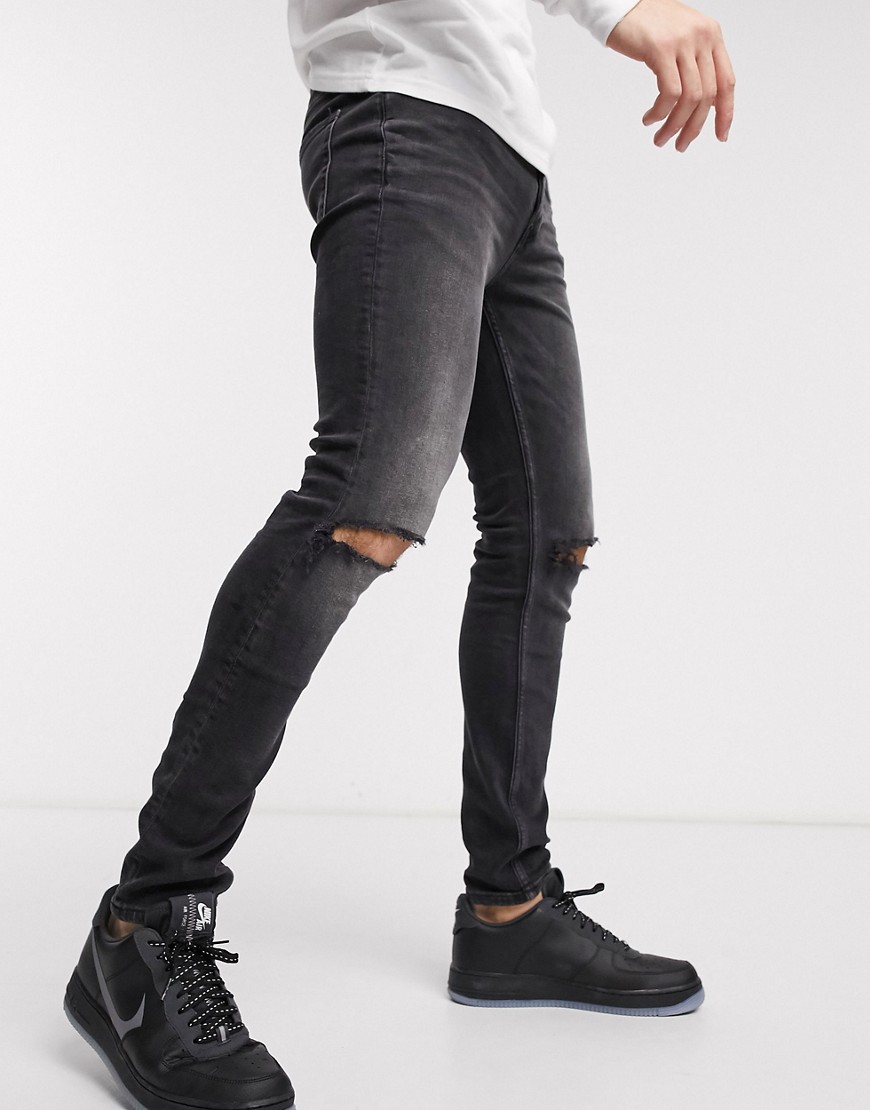 Topman - Jeans skinny con patta e strappi in tessuto organico lavaggio nero