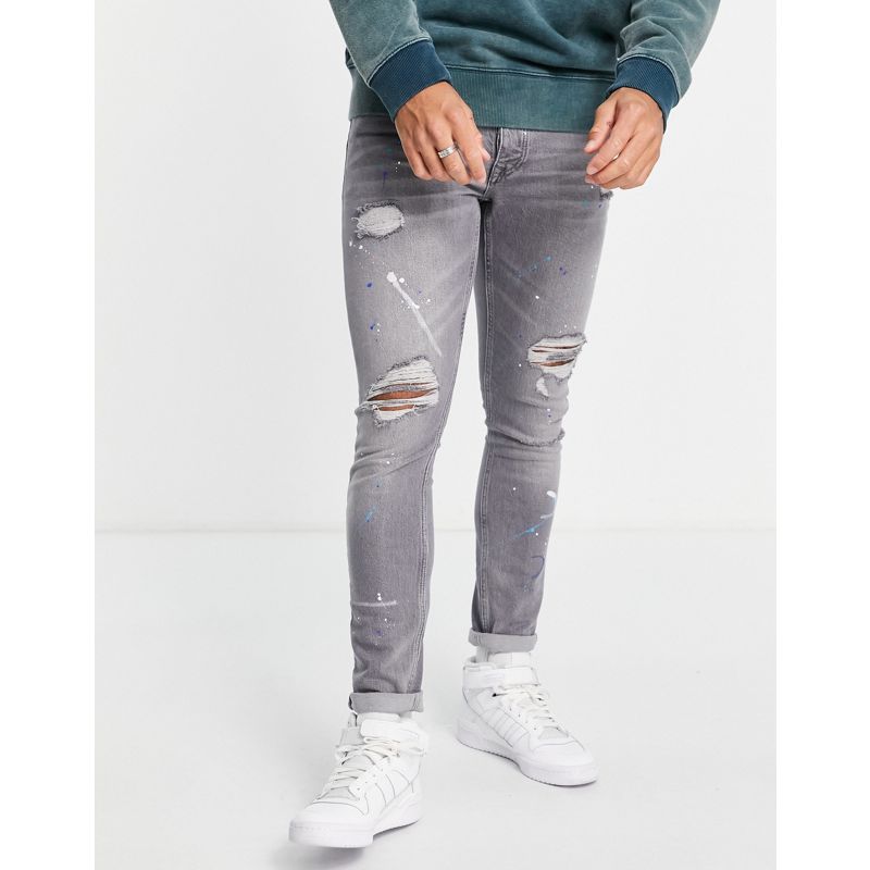 ENyII Uomo Topman - Jeans skinny elasticizzati con strappi e rammendi grigi con e schizzi di vernice