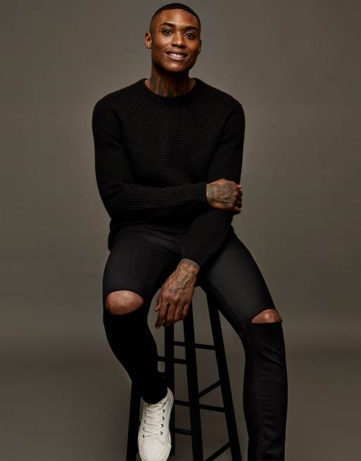 Topman - Jeans skinny elasticizzati neri con doppi strappi sulle ginocchia
