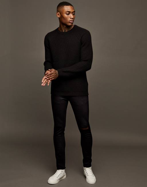 Topman - Jeans skinny elasticizzati neri con doppi strappi sulle ginocchia, 4 di 4