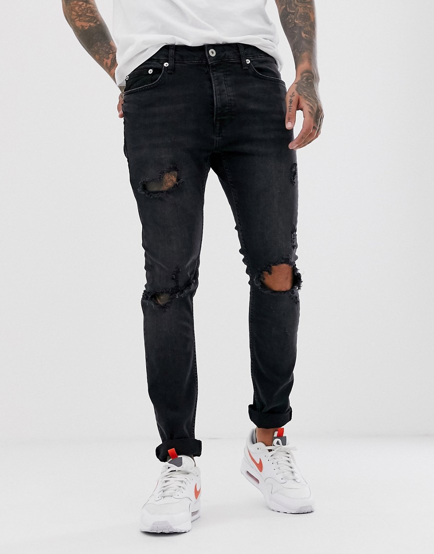 Topman - Jeans skinny lavaggio nero con strappi