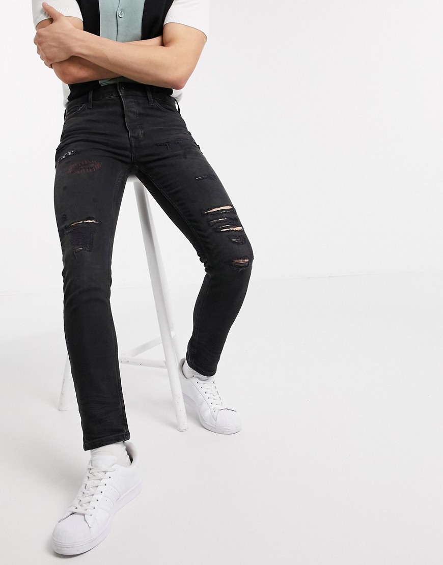 Topman - Jeans skinny neri in cotone organico con strappi-Nero