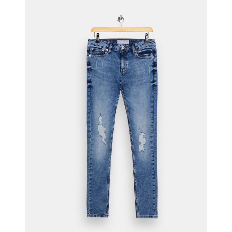 Topman - Jeans super attillati in misto cotone organico spray on lavaggio medio con strappi