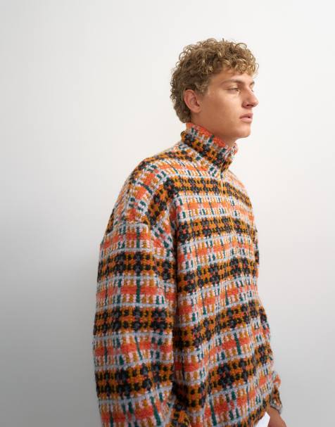 Topman - jersey corto de corte boxy con media cremallera y cuello alzado de borreguito a cuadros en naranja - view 1