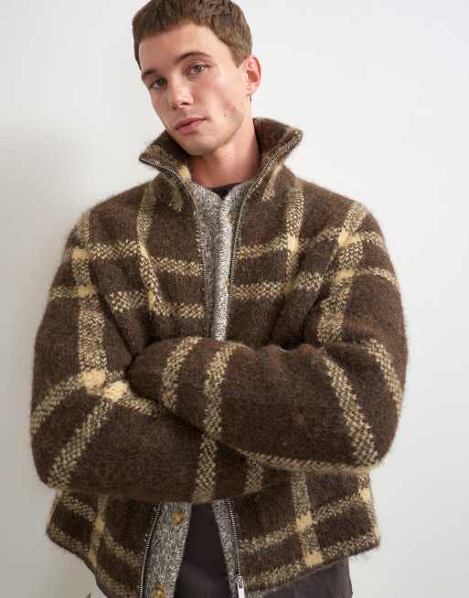 Topman jersey de punto de corte holgado a cuadros con cremallera completa en marrón, 2 de 5