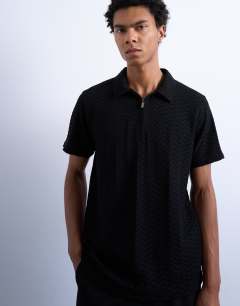 Jersey zig zag polo top in black