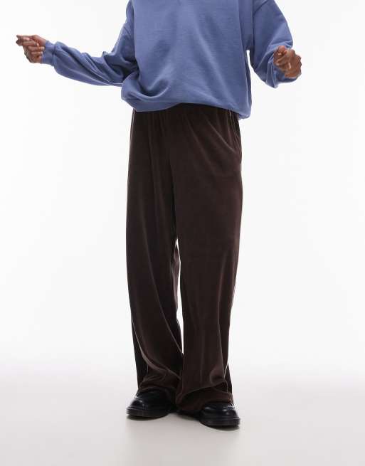 Topman - Joggers larghi marroni in velour con fettuccia laterale, 3 di 5
