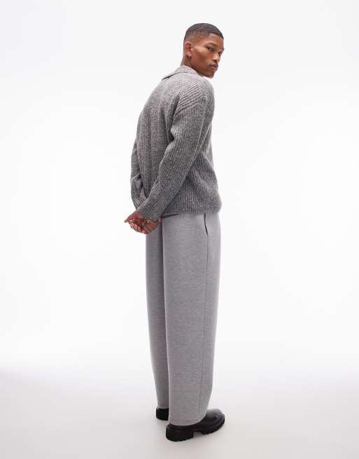 Topman - Joggers pesanti dritti in tessuto effetto scuba grigio mélange con piega sul davanti, 2 di 6
