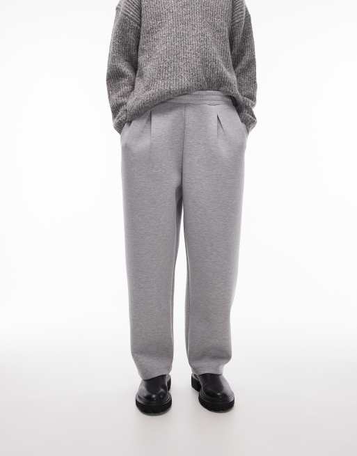 Topman - Joggers pesanti dritti in tessuto effetto scuba grigio mélange con piega sul davanti, 3 di 6