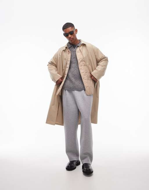 Topman - Joggers pesanti dritti in tessuto effetto scuba grigio mélange con piega sul davanti, 5 di 6