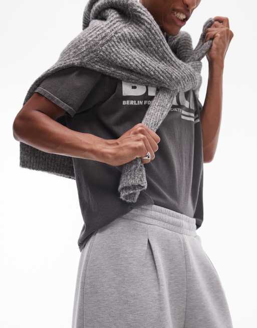 Topman - Joggers pesanti dritti in tessuto effetto scuba grigio mélange con piega sul davanti, 6 di 6