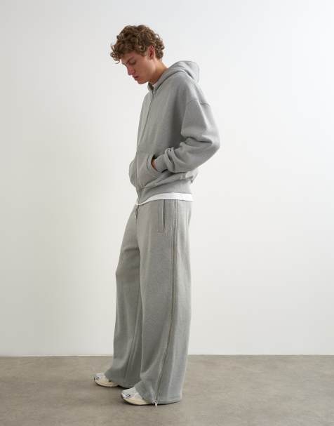 Topman joggers premium de pernera ancha de tejido grueso con cremallera lateral completa en gris jaspeado - view 1