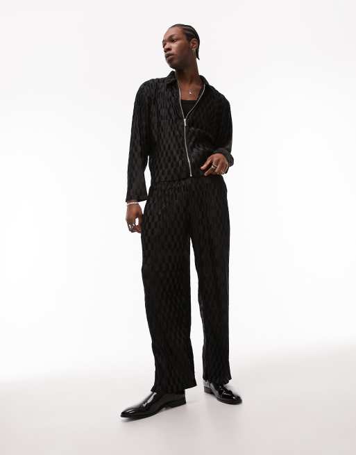 Topman - Joggingbroek met rechte pijpen van plissé jacquard in zwart