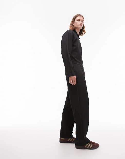 Topman - Joggingbroek met rechte pijpen, wafelstructuur en plat gestikte plooien in zwart