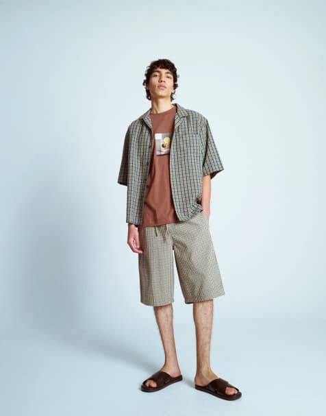 Topman jort cheesecloth plaid shorts in green - view 1