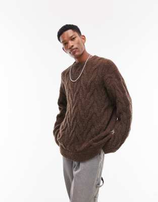 Topman Topman jumper with enlarged cable-Brown