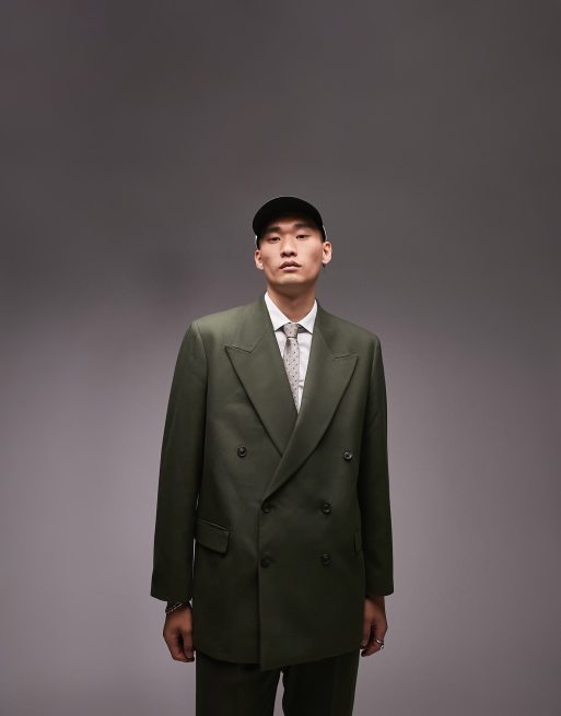 Topman – Kakifärgad dubbelknäppt kavaj av varmt material i oversize med sex knappar och boxig passform