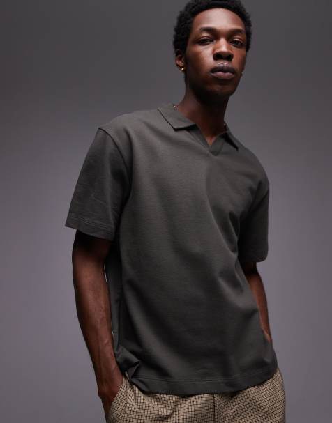 Topman – Kakifärgad, kraftig och kort pikétröja med platt krage - view 1