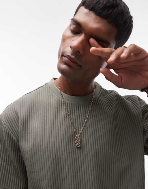 Topman – Kakifärgad plisserad t-shirt i oversize
