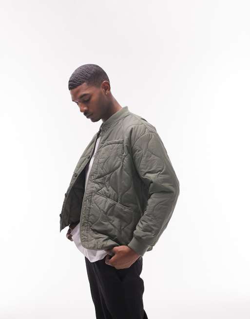 Topman – Kakifärgad quiltad innerjacka med asymmetrisk ficka