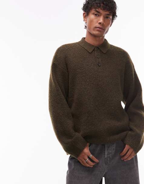 Topman – Kakifärgad, stickad pikétröja i oversize - view 1