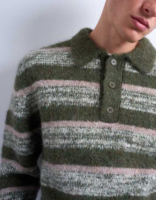 Topman – Kakifärgad, stickad pikétröja med avslappnad passform och randigt mönster, 3 av 5