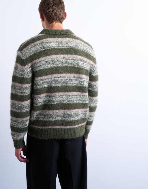 Topman – Kakifärgad, stickad pikétröja med avslappnad passform och randigt mönster, 5 av 5