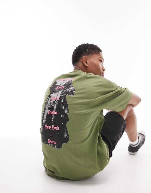 Topman - Kakigrøn ekstremt oversized T-shirt med byprint foran og bagpå