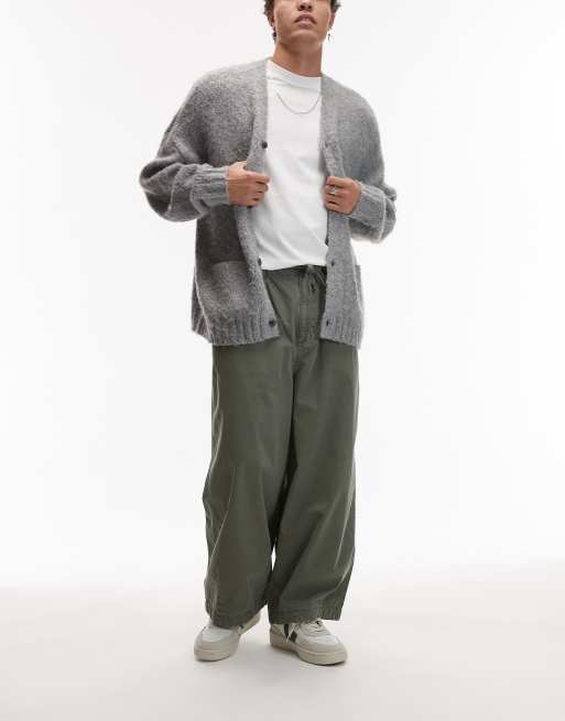 Topman - Kakigrønne oversized cropped bukser i twill