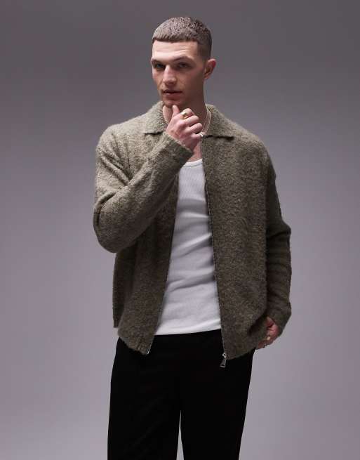 Topman – Kakigrön, avslappnad kofta med dragkedja i bouclé