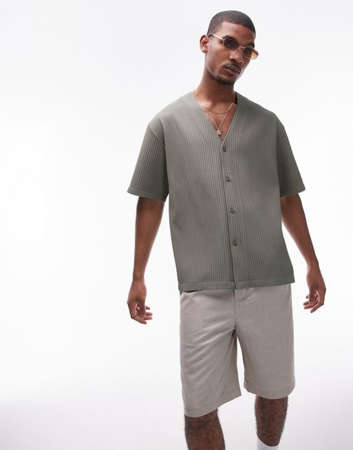 Topman – Kakigrön, plisserad skjorta med korta ärmar utan krage
