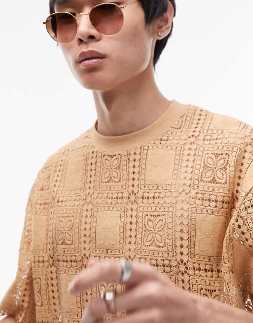 Topman – Kamelfärgad, virkad t-shirt i oversize