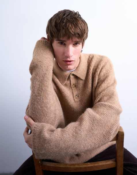 Topman oversized fit knitted polo in stone