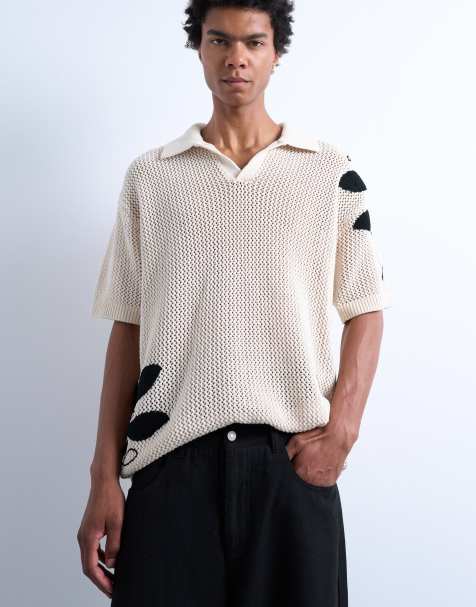 Topman relaxed crochet revere polo with floral embroidery on body and sleeve in stone