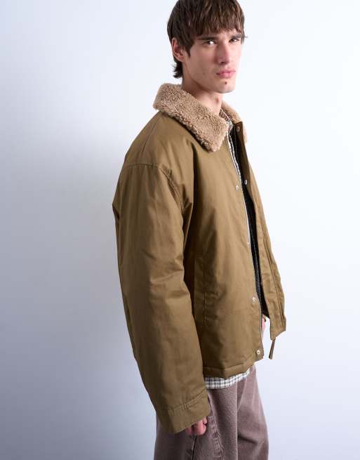 Topman – Kamiennobeżowa ocieplana kurtka z kołnierzem ze sztucznego kożuszka