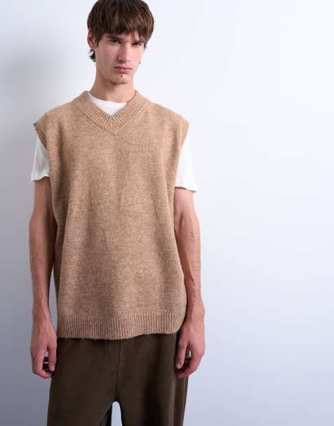 Topman oversized fit knitted v-neck tank in stone