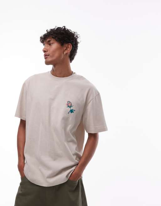 Topman – Kamiennobeżowy T-shirt oversize z haftowanym wzorem „Pack of Lies“ z przodu i na plecach