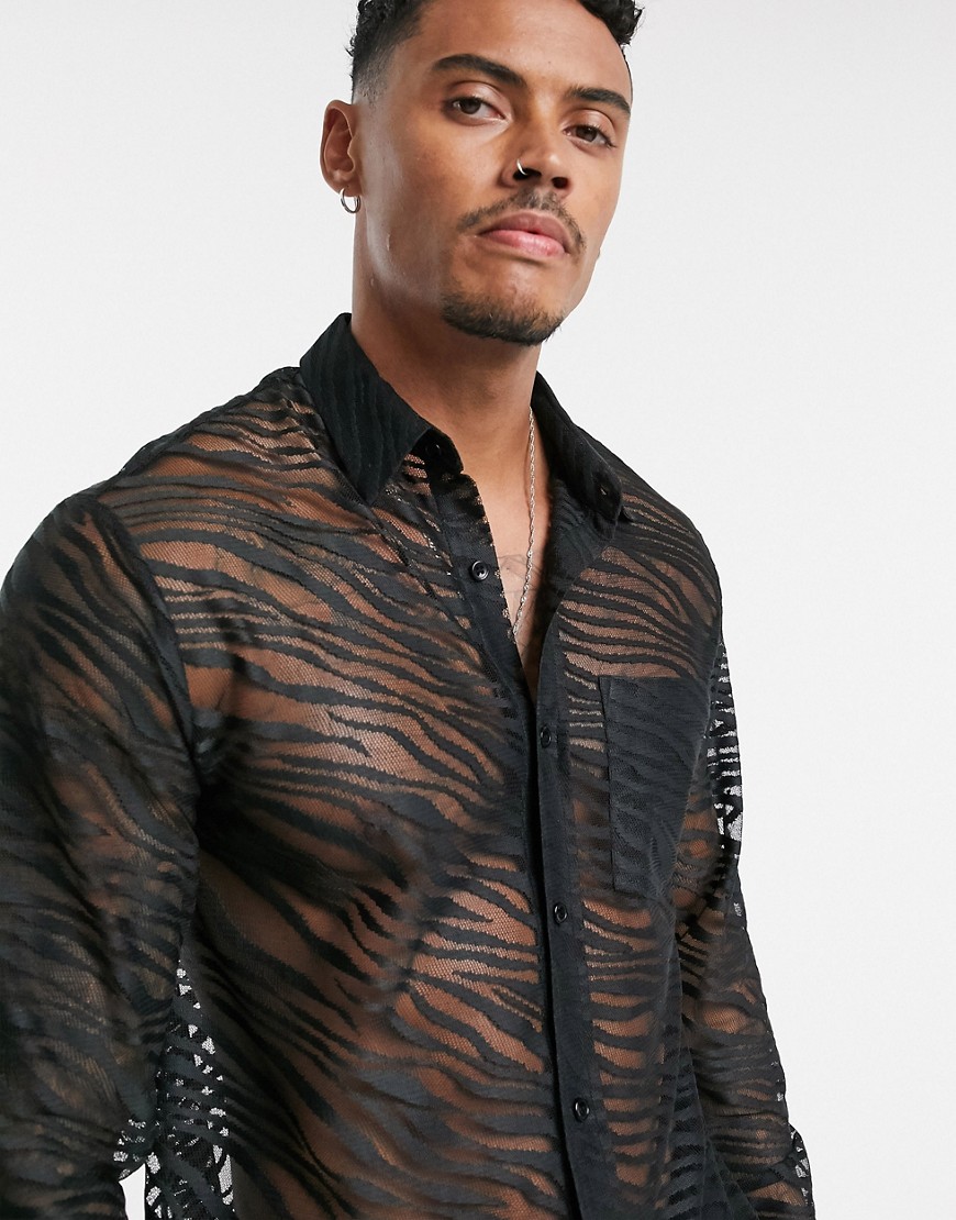 Topman - Kanten overhemd met zebraprint in zwart