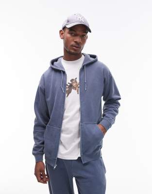 Topman – Kapuzenpullover in blauer Vintage-Waschung mit durchgehendem Reißverschluss