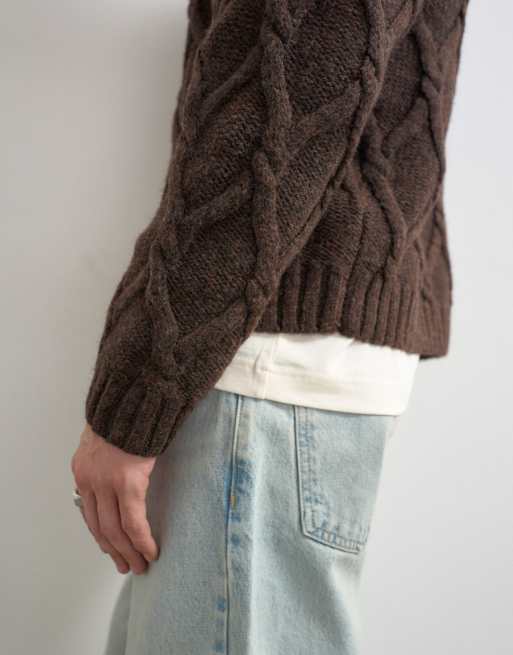Topman kardigan o luźnym kroju z warkoczowym splotem, brązowy, 2 z 9