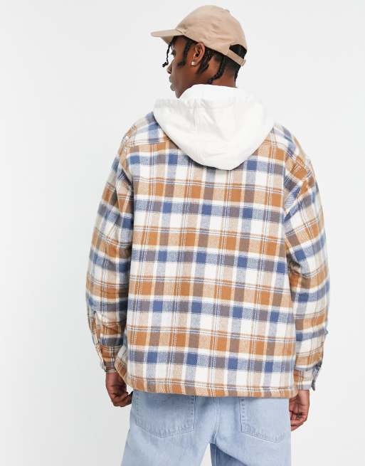 Topman – Karierte Flanell-Hemdjacke in Weiß und Blau mit Kapuze ASOS