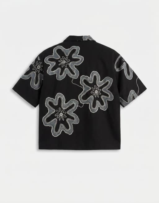 Topman – Kastiges Hemd aus schwerem Jersey in Schwarz mit durchgehender Blumenapplikation, 7 von 9