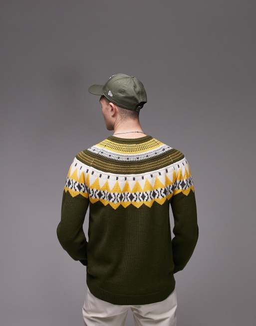 Topman – Khakigrön tröja med rund halsringning och fairisle-mönster, 3 av 4