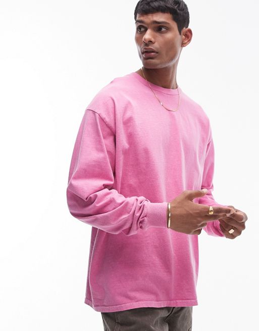 Topman - Klar og pink T-shirt med lange ærmer i vintagevask
