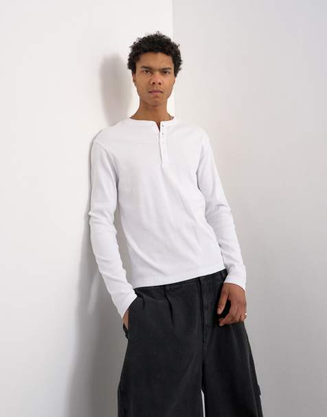 Topman - Klassiek geribbeld Henley T-shirt met lange mouwen in wit - view 1