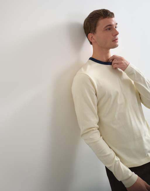 Topman klassiek vallend cropped ringer T-shirt met lange mouwen in ecru, 3 van 8