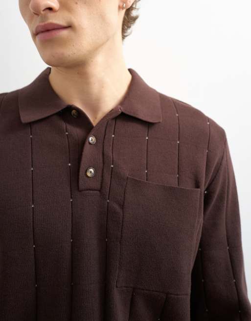 Topman – Klassisch geschnittenes, langärmliges Polohemd aus Pointelle-Strick in Braun, 5 von 5