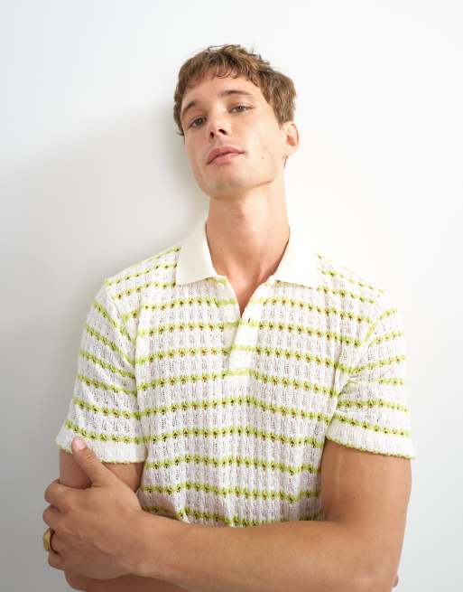 Topman – Klassisch geschnittenes Polohemd aus Häkelstoff in Ecru mit Streifen, 3 von 5